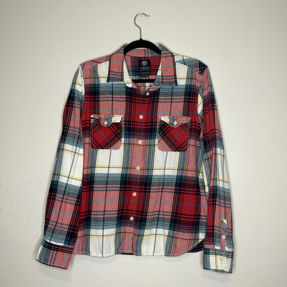 American Eagle Outfitters, favorite fit, red blue and yellow plaid buttondown